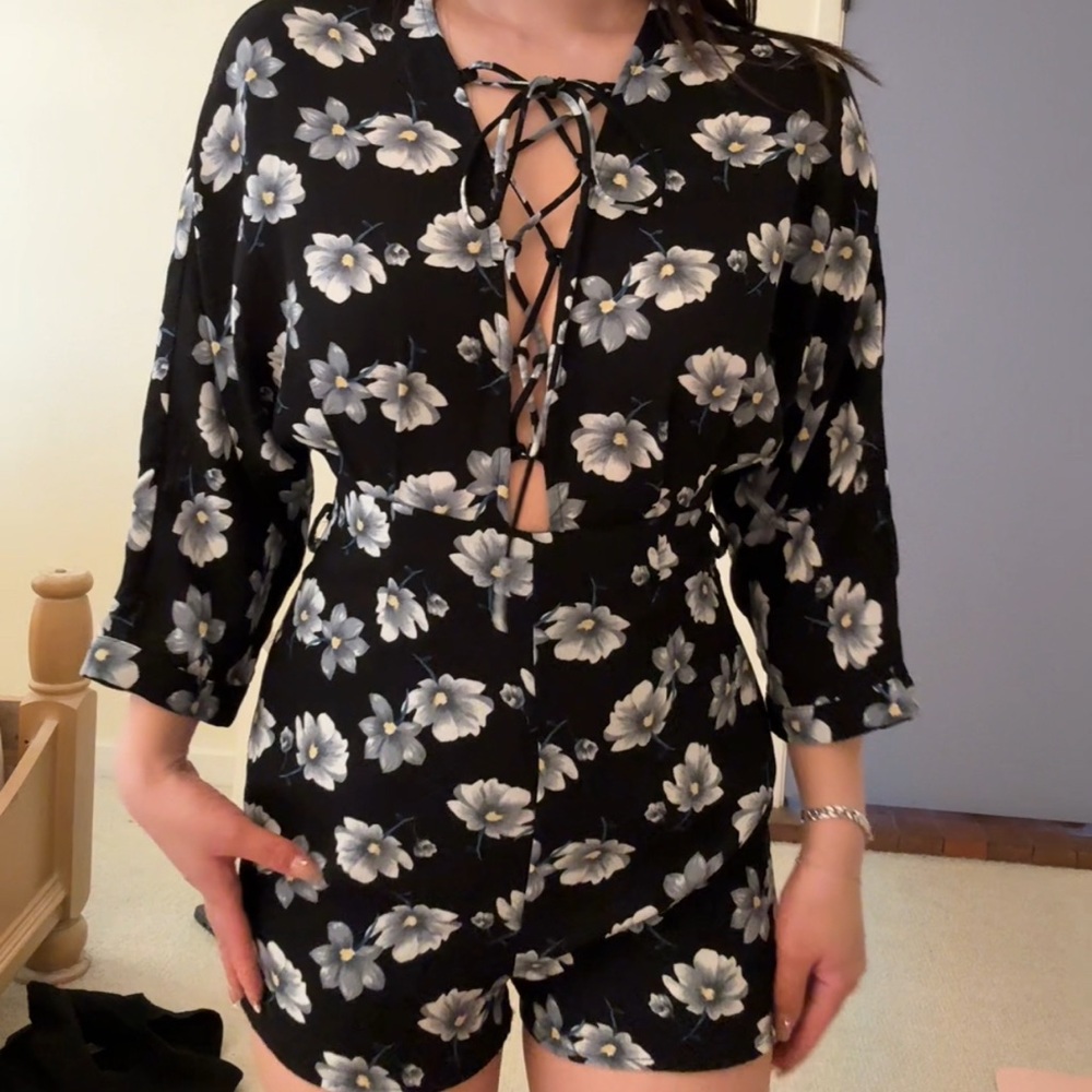 Lucca Couture Black Floral Lace-Up Romper